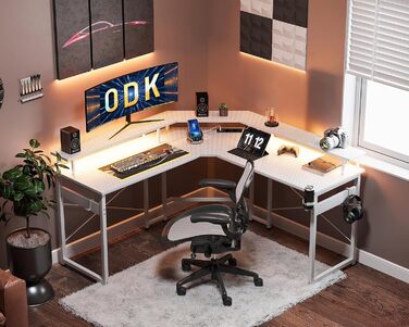 ODK Gaming Table with LED, Gaming Desk with 2 Outlets and 2 USB Charging Ports, PC Table Gaming with a Generous Monitor Stand, Gamer Desk in Carbon Fiber White, 129x129 cm