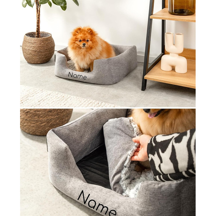 Lionto Dog Cuddle Bed with Fluffy Reversible Cushion, Cozy Pet Bed in a Marbled Design with Deep Entry for Dogs & Cats of All Sizes, 80x60 cm, Soft Dog Bed, (Grey, L 60 x W 50 x H 22 cm (with name imprint))