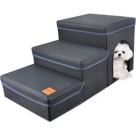 Dog Stairs 3 Steps, Pet Stairs Foldable for Sofa & Bed, Removable Pet Stairs Folding with Storage Box, Multifunctional Pet Ladder for Small Dogs Cats (Blue)