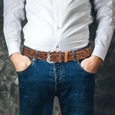 Чоловічий шкіряний ремінь BISON DENIM: стильний аксесуар для джинсів та ділового стилю, ширина 38 мм, з подарунковою коробкою (W71808-brown 120)