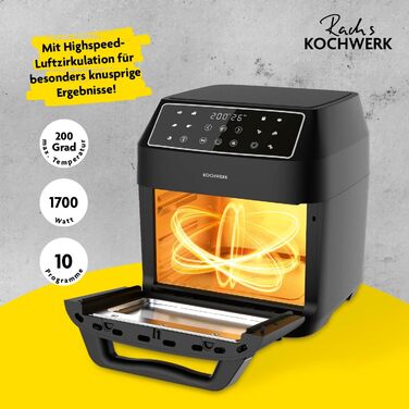 Цифрова аерофритюрниця Rachs KOCHWERK 12 л з комплектом аксесуарів XXL, духовка, гриль, фритюрниця з оглядовим вікном і сенсорним екраном, без масла, 10 програм, таймер, чорна