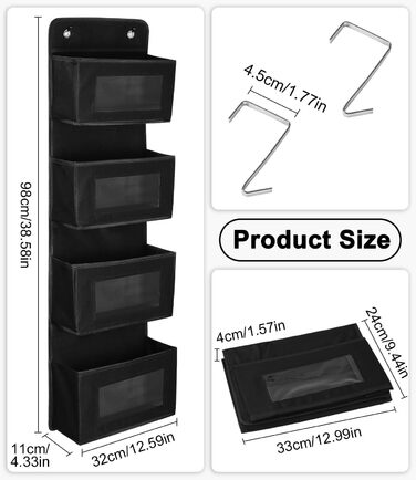 Настінна вішалка-органайзер на двері з 4 великими кишенями та прозорим вікном, 2 металеві гачки, чорний колір, для спальні, офісу, дитячої кімнати
