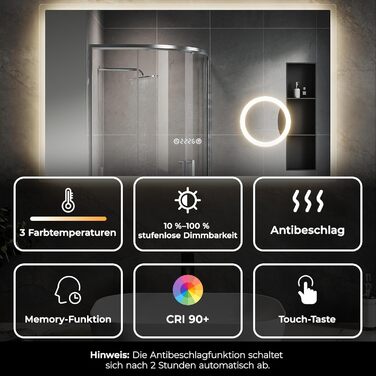 Дзеркало для ванної кімнати SVNR з підсвічуванням 40x60 см, LED, алюмінієва рама, захисне скло, IP44, 3 кольори світла, антизапар, годинник, 5x лупа, розетка для гоління