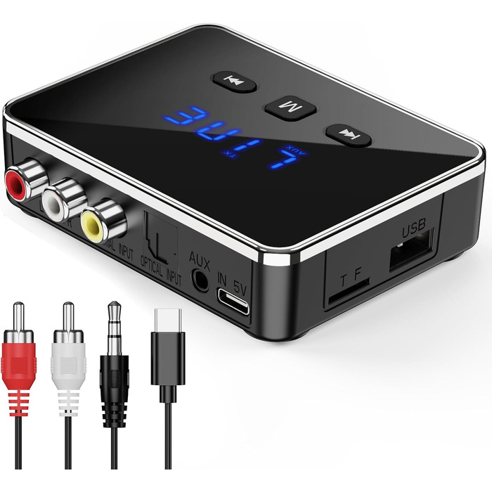 OQIMAX Bluetooth 5.4 Передавач/Приймач: 3-в-1 Bluetooth адаптер з AUX/RCA/Оптичним виходом, підтримка TF-картки та USB, для TV, стереосистеми, низька затримка, чорний