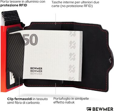 Гаманець-картхолдер BEWMER з RFID-захистом, карбоновим затискачем для грошей та застібкою на блискавці (Чорний/Червоний)