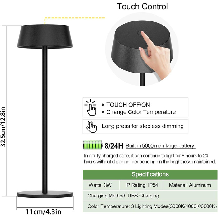 Світлодіодний акумуляторний настільний світильник Klighten з димером, сенсорний, металевий, алюмінієвий, IP54, перезаряджуваний, тепле біле світло 3000K/4000K/6000K, антрацит