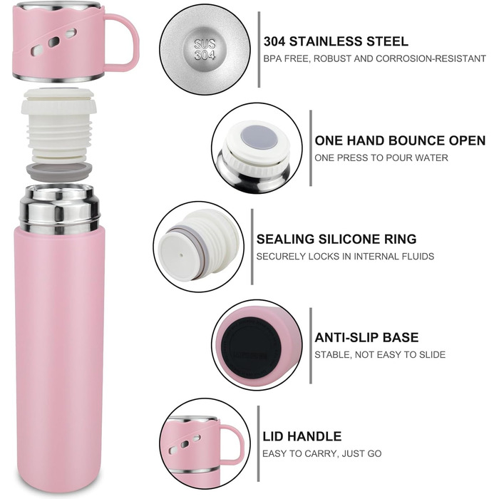 Термокружка-термос з нержавіючої сталі 550 мл, без витоку, з чашкою та ручкою, вакуумна термоізоляція 12 год гаряча / 12 год холодна, неслизька, для кави, спорту, роботи, школи, автомобіля (Рожева)