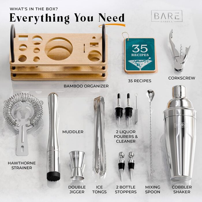 Bare Barrel Mixology Bartender Set - 14 Piece Cocktail Shaker Set with Recipes - Home Bar Accessories & Gift Set