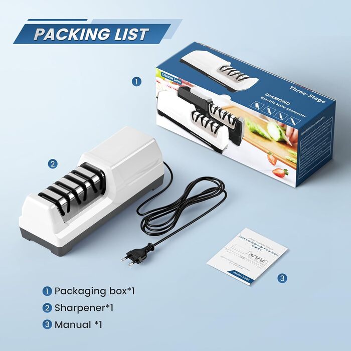 Електричний точило для ножів професійний 3-х ступінчастий з захистом від перегріву, тихий мотор, швидке заточування кухонних ножів (білий)