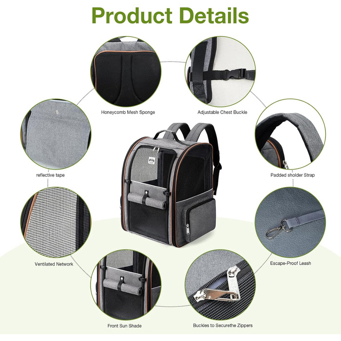 Рюкзак для котів Lekebobor, розширюваний, переноска для домашніх тварин, для маленьких собак та середніх котів до 8 кг, складаний, для подорожей та піших прогулянок, в полоску, 12.6'L x 11.2'W x 16.5'H - L (14.2'L x 11.8'W x 17.3'H - XL, СІРИЙ)