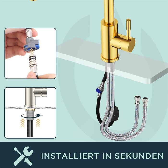 Змішувач для кухні FORIOUS з висувною лійкою та душем, 360° обертання, 2 режими, матовий золотий