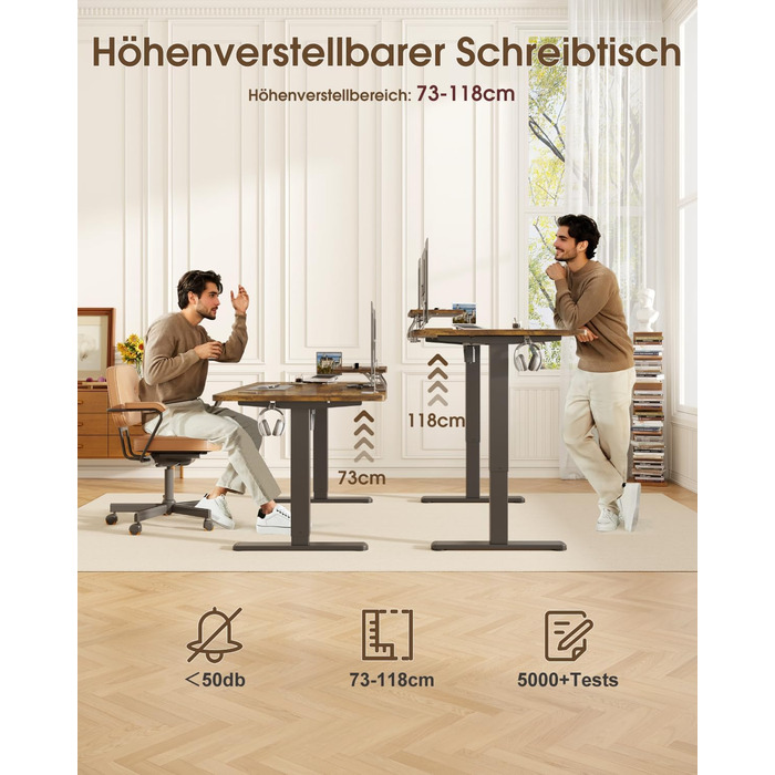 Devoko Electric Standing Desk 160x70cm with Monitor Stand, Memory Height Adjustment, Ergonomic Sit-Stand Desk (120x60cm, Vintage Brown)