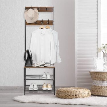 WOLTU Coat Rack Clothes Rack Laundry Rack Shoe Shelf with Seat, with 7 Hooks, Wood and Steel, Hanging Shelf, Black Vintage