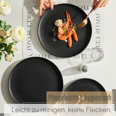 Набір посуду Jiwoo на 4 особи (12 предметів): тарілки, миски, десертні тарілки, Bone China, чорний матовий, для мікрохвильовки та посудомийної машини
