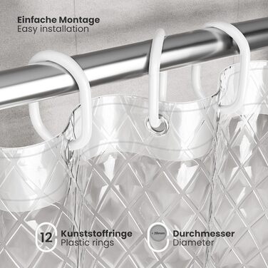 Шторка для душу Ecooe 3D ромби, прозора, 180x200 см, EVA-матеріал, водонепроникна, антигрибкова, з 12 кільцями