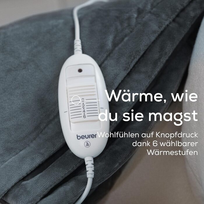 Електрична ковдра Beurer HD 75 з 6 рівнями нагріву, системою безпеки та автовимкненням, 180 x 130 см, темно-сіра