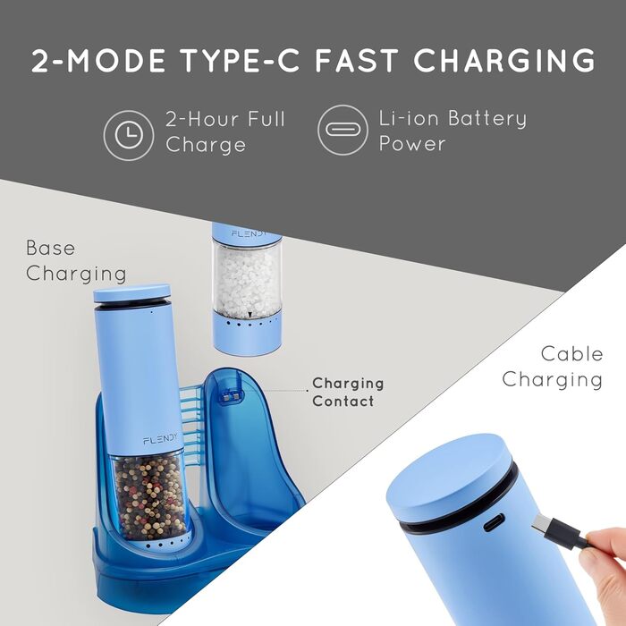 Електричні мельниці для солі та перцю 2 шт. з USB-C зарядкою, з LED-підсвіткою, з нержавіючої сталі, блакитні