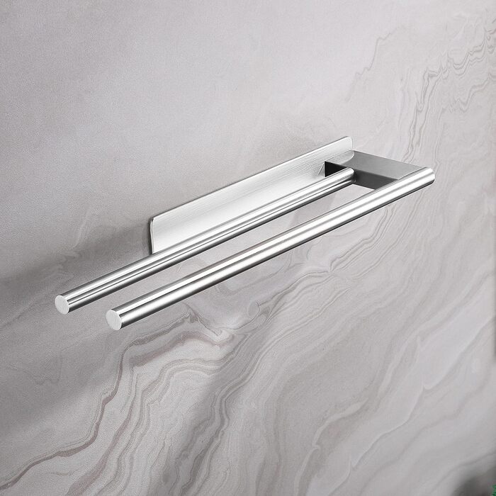 Тримач для рушників без свердління, подвійний, з нержавіючої сталі 304, з двома ручками, самоклеючий, для ванної кімнати та кухні, срібний