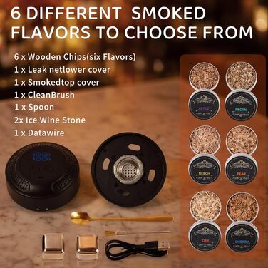 Електричний набір для копчення віскі, коктейльний дим-сет - 6 видів деревини, RGB підсвітка, безполум'яний димогенератор для коктейлів та їжі, подарунок для чоловіків