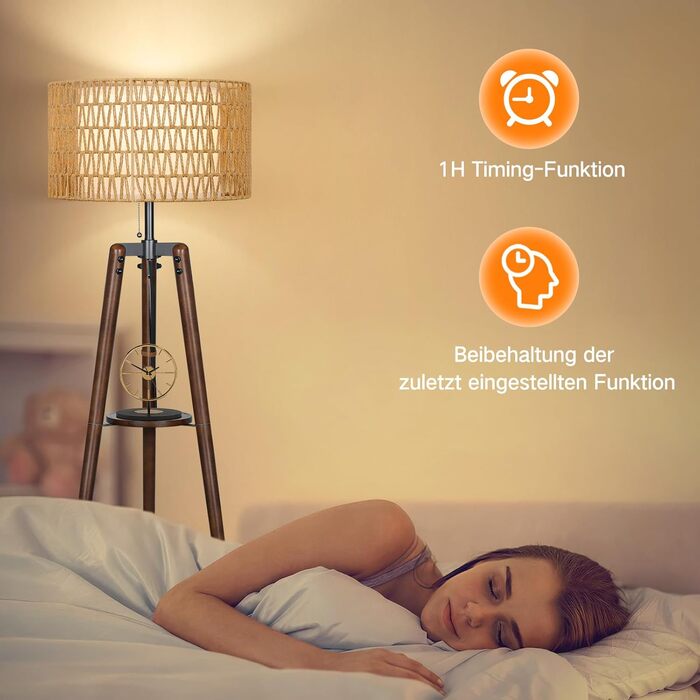 LED торшер Outon з трьома ніжками, регульована яскравість, полиця, пульт дистанційного керування, 4 режими кольору, таймер, 2 плафона, для вітальні/спальні (волоський горіх)