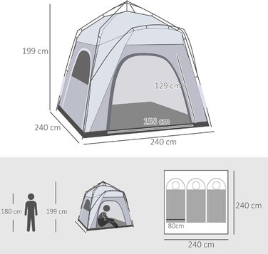 Намет Outsunny Pop-Up для 3 осіб, сірий: кемпінговий намет з UV 50+ захистом, 4 двері, водонепроникність 1000 мм