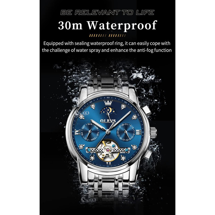 Чоловічий годинник OLEVS Chronograph — водонепроникний кварцовий годинник з аналоговим циферблатом, сталевий корпус, сріблястий з синім циферблатом (6678)