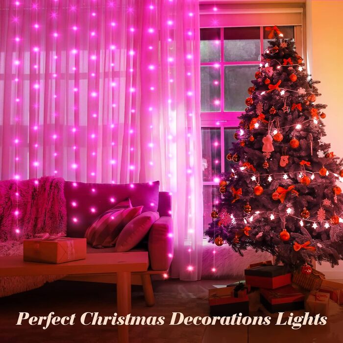 Ланцюжок LED-ліхтарів Yizhet 3x3м, 300 LED, тепле біле світло, IP65, 8 режимів, для декору вечірки, шлюбу, Різдва, тераси (рожевий)