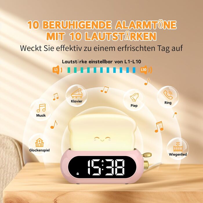Kids Alarm Digital Clock, Children's Alarm Clock with Night Light, LED Display, 10 Ring Tones, 5 Brightness Levels, Timer, Snooze Function, Light Alarm Clock for School Beginners Girls Boys, Plug-in Power Adapter