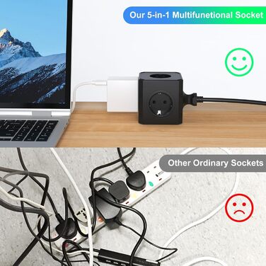 Блок розеток з USB-C, 4 розетки, плоский штекер, індивідуальне вмикання, багатофункціональна розетка-куб з 2м плетеним кабелем для офісу, дому, подорожей - Білий