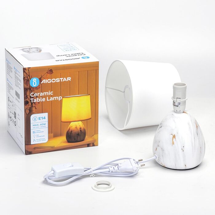 Настільна лампа Aigostar з кераміки, вінтажна модель з тканинним абажуром, патрон E14, макс. 40W, сучасна лампа для нічного столика, нічник для спальні, вітальні, офісу (без лампочки) - H235mm (білий золотий - H25.5cm)