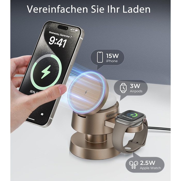 База для бездротової зарядки 4-в-1 для iPhone 17/16/15/14 Pro Max з нічним світлом, сумісна з Apple Watch та AirPods (Золота)