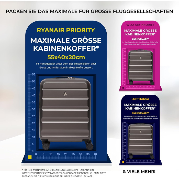 Ручний багаж Aerolite 55x40x20/23 см з 4 колесами (Anthrazit V2) – сумісний з Lufthansa, Eurowings, Condor, Wizz Air