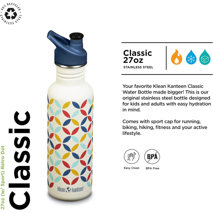 Klean Kanteen Classic Water Bottle 800 ml (Retro Dot)