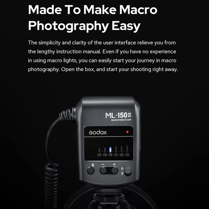 Godox ML-150II Макро-кільцевий спалах: 11 рівнів яскравості, кольорова температура 5800K, GN12, швидка перезарядка, 8 адаптерних кільця для Canon, Nikon, Sony DSLR камер