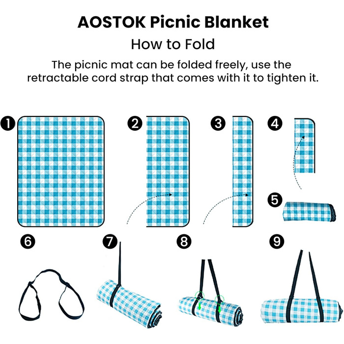 AOSTOK Плед для пікніка, пляжний килимок, вологостійкий з ручкою, 200x150 см, блакитний