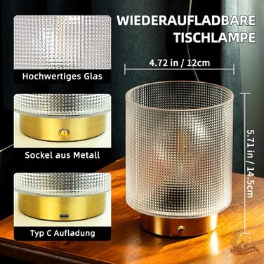 Бездротова настільна лампа з таймером, вінтажний дизайн, LED, скло, для дому та вулиці, диммування, сірий колір, розмір L