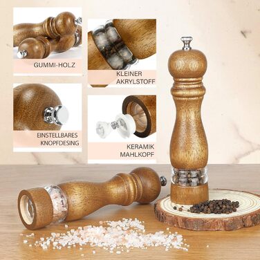Набір для солі та перцю Jepsen: ручні млини з дерева, наповнювані, з регульованим керамічним ядром, 2 шт.