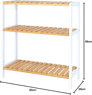 dibea Shoe Rack with 3 Shelves, Shoe Cabinet, Bathroom Shelf, Living Room Shelf, Standing Shelf, Bamboo Shelf, Bathroom Shelf, Bookshelf, Kitchen Shelf, 60x26x66 cm, natural/white