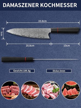 Японський ніж кухарський з дамаської сталі Plys: професійний ніж шеф-кухаря з чорним дерев'яним руків'ям