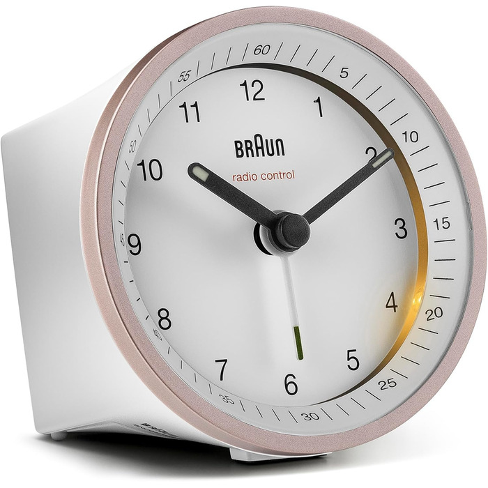 Classic analog radio alarm clock by Braun for the Central European Time zone (CET/GMT+1) with snooze function, lighting, quiet movement, crescendo alarm in white and rose, model BC07PW-DCF