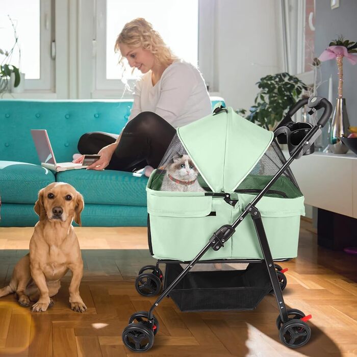Візок для собак та котів OHMG, складний, до 20 кг, з гальмами, великий кошик, 3 вікна, тримач для напоїв, зелений (50 x 65 x 99 см)