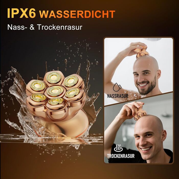 Професійний електричний стайлер для гоління голови 7D PRO Glatzen Rasierer для чоловіків. Водонепроникний (IPX6), з плаваючою головкою, акумулятор 1400mAh, швидкість 8800RPM, золота головка, USB-C, 0 мм