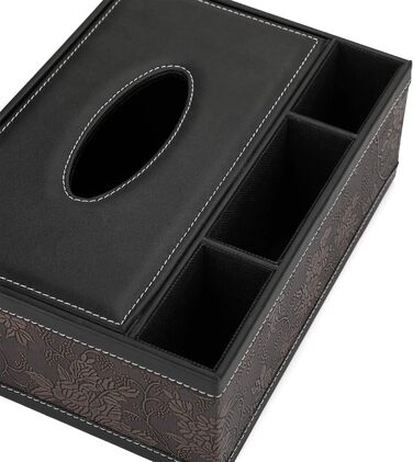 BSTKEY Rectangular Tissue Box Holder made of PU Leather with Remote Control, Storage Box (Black Flower)