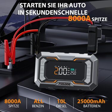 Пусковий пристрій (бустер) 8000A з компресором 150 PSI та Powerbank 25000mAh для авто (бензин до 12л, дизель до 10л), з LED-ліхтарем, помаранчево-сріблястий