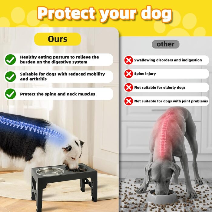 Підвищена годівниця для собак, регульована висота, великі породи - 2 x миска з нержавіючої сталі (1200 мл) + 1 x повільна годівниця (800 мл) - антиковзна станція для годування середніх/великих собак, чорний/сірий колір