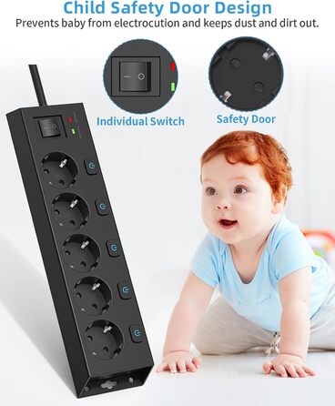 Мережевий фільтр Steckdoseleiste 5-fach з вимикачами, захистом від перенапруги 1050J, для дому та офісу, 2м кабель (чорний)