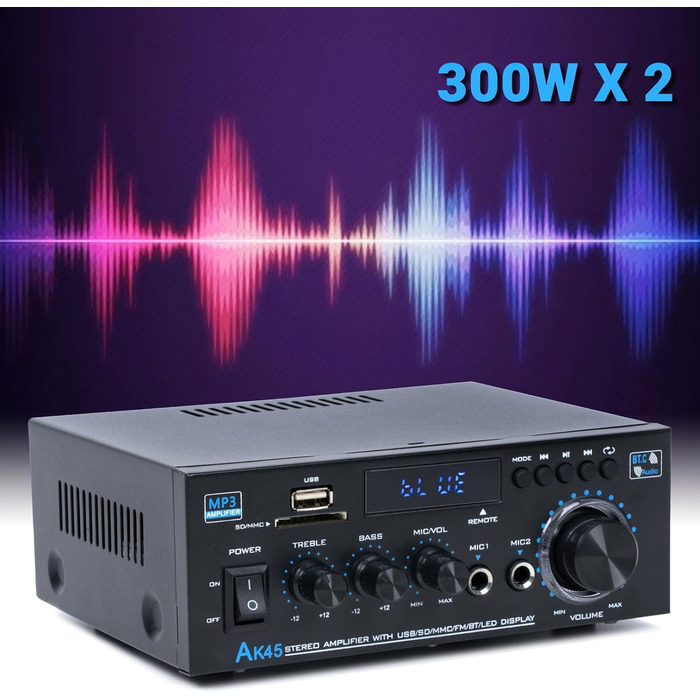 NEOHIPO HiFi-усилювач AK45 Mini, Bluetooth стерео аудіоусилювач 400Вт, 2-канальний, цифровий, з FM-радіо, SD/USB, для дому або авто, чорний