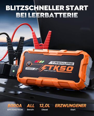 Powerbank для автомобіля 8000A Starthilfe (бензин/дизель 12.0L), 26800mAh, 12V пусковий пристрій з ліхтарем 800 люмен, 2xUSB, посилені кабелі, помаранчевий