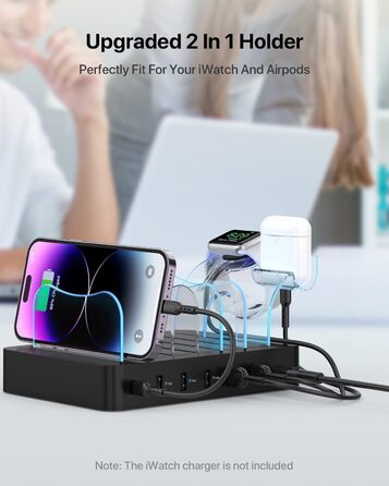 Зарядний хаб SooPii USB 60W/12A з 6 портами, органайзер для декількох пристроїв, з тримачем для Apple Watch, 6 кабелів у комплекті (Чорний)