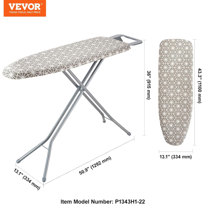 Гладильна дошка з парогенератором VEVOR, 2 шт., з підставкою для праски, розкладний стіл з 4 шарами, 1100 x 334 мм, 7 рівнів висоти (715–915 мм), вантажопідйомність 20 кг, бежевий